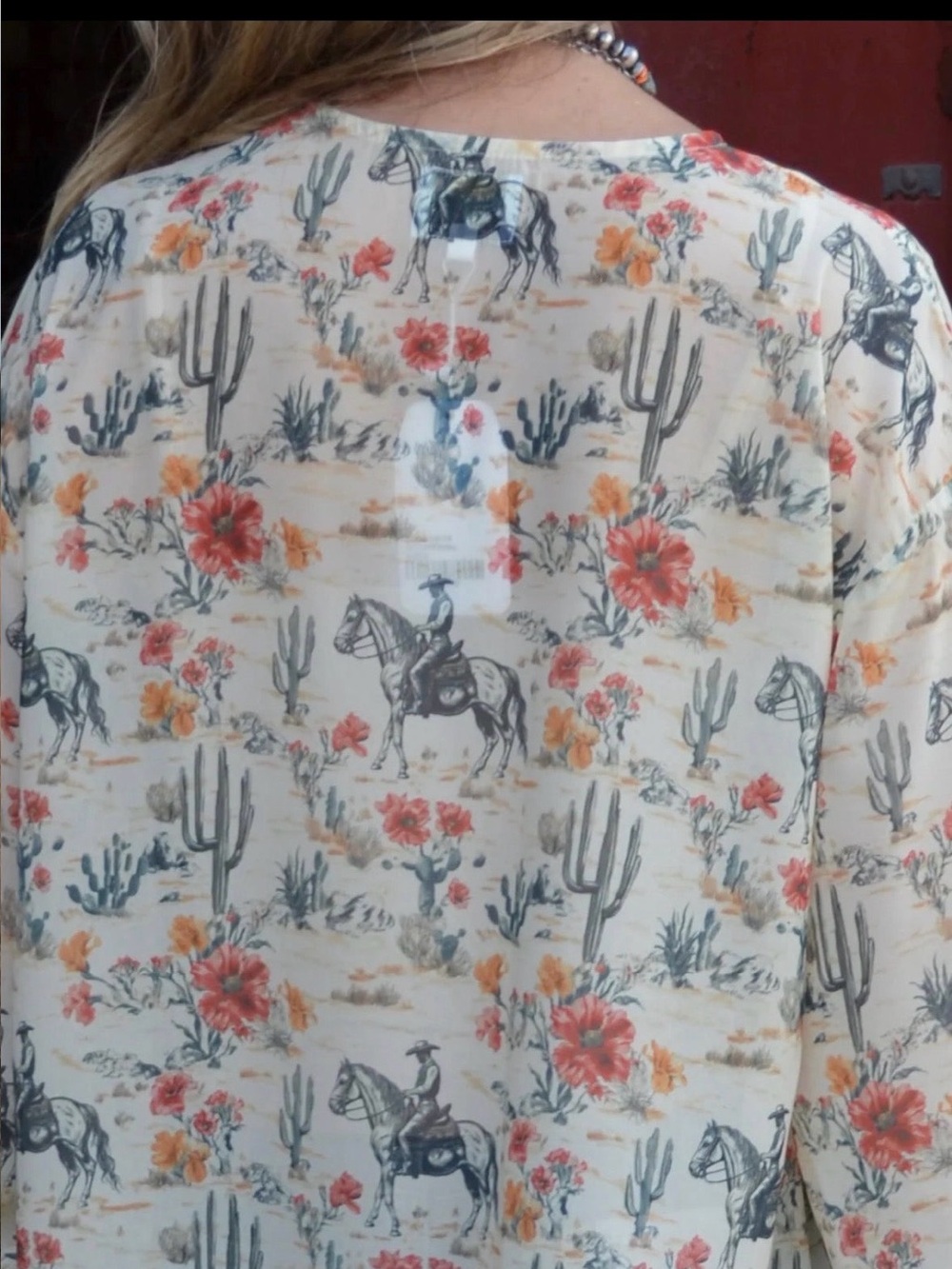Western horse Floral Ruffled Long Duster Kimono - Cream & Multicolor - Picture 2 of 2